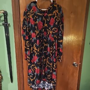 Sag Harbor Black Dress with Gold Leaf and Red Floral Accents